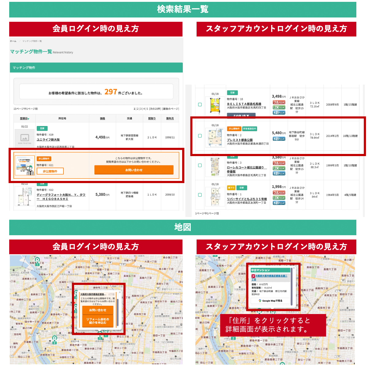 [p1301.png] 非公開物件の表示比較（仮画像）